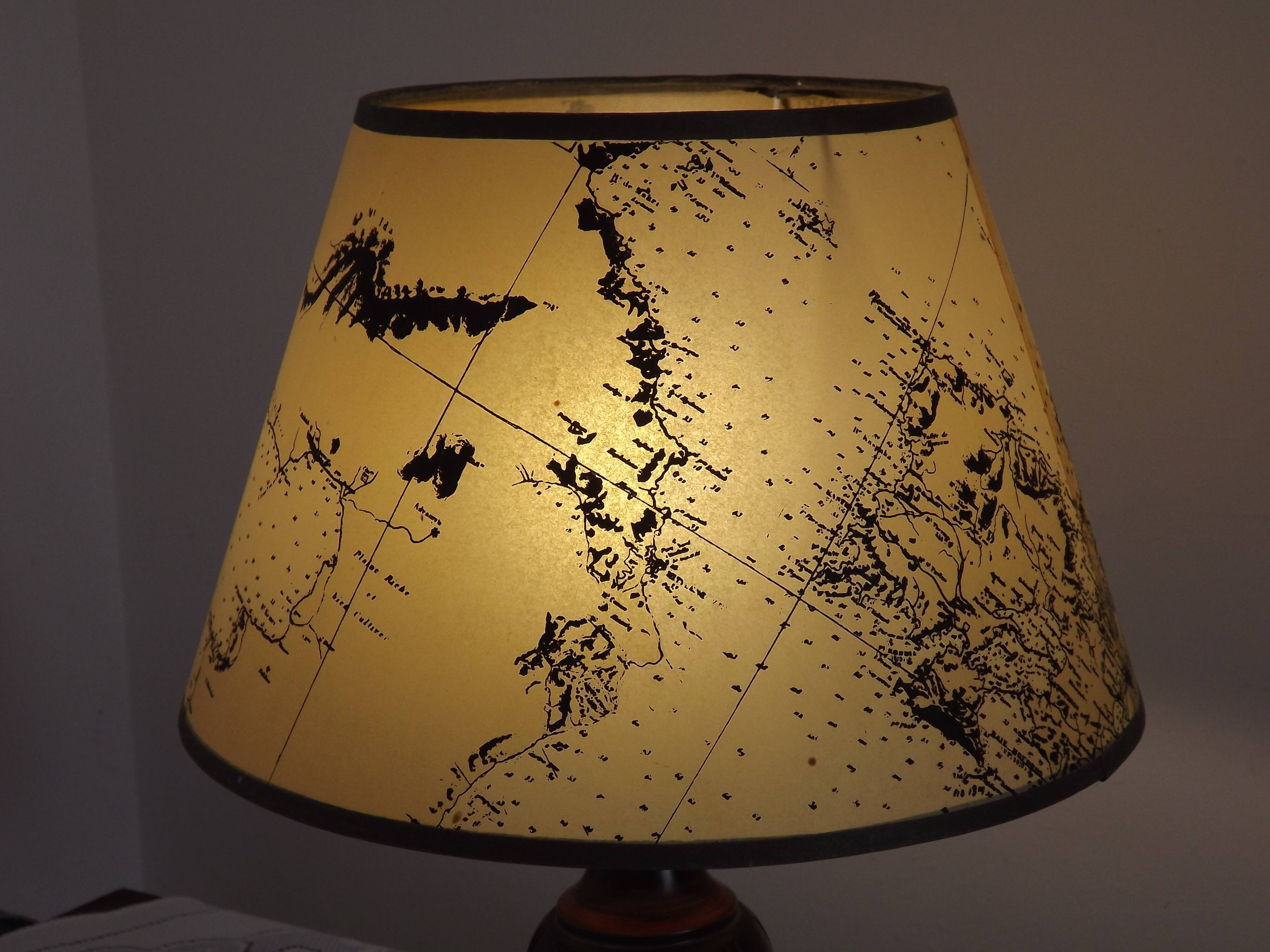 French Mid Century Round Turned Wood Grooved Table Lamp Map Detail Shade