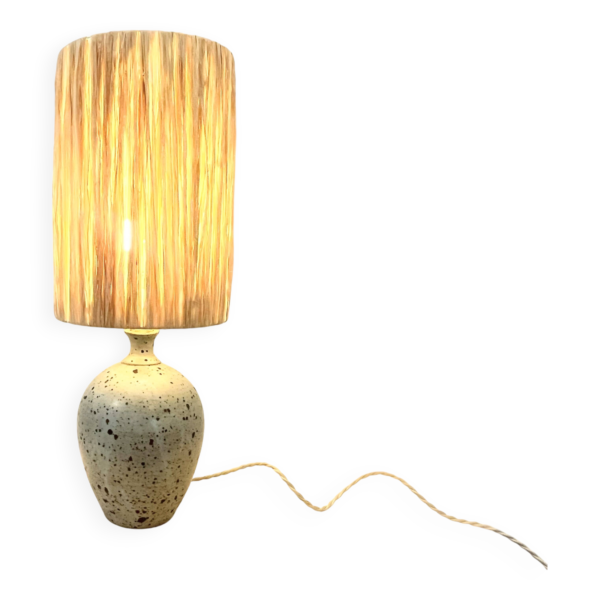 XXL Vintage Lamp Base in Beige Grey Stoneware with Raffia Lampshade 1970