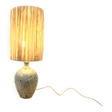 XXL Vintage Lamp Base in Beige Grey Stoneware with Raffia Lampshade 1970