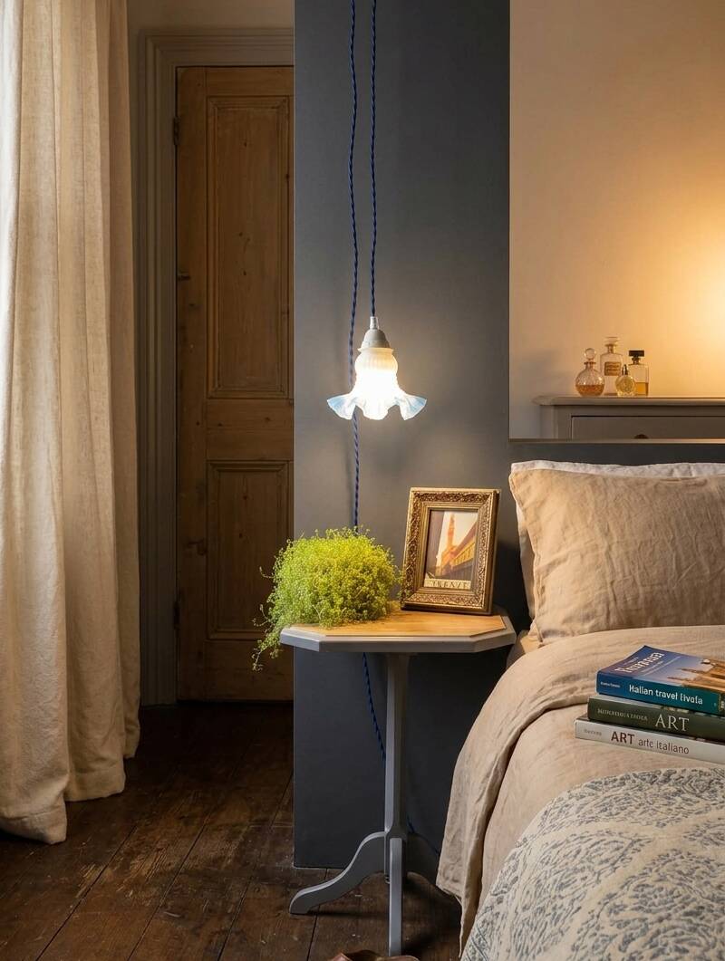 Tulip glass table lamp with frosted finish, azure blue trim – Vintage 1950