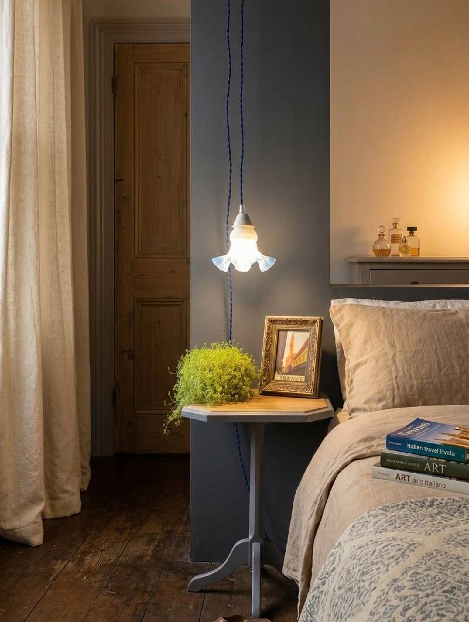 Tulip glass table lamp with frosted finish, azure blue trim – Vintage 1950
