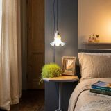 Tulip glass table lamp with frosted finish, azure blue trim – Vintage 1950