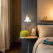 Tulip glass table lamp with frosted finish, azure blue trim – Vintage 1950