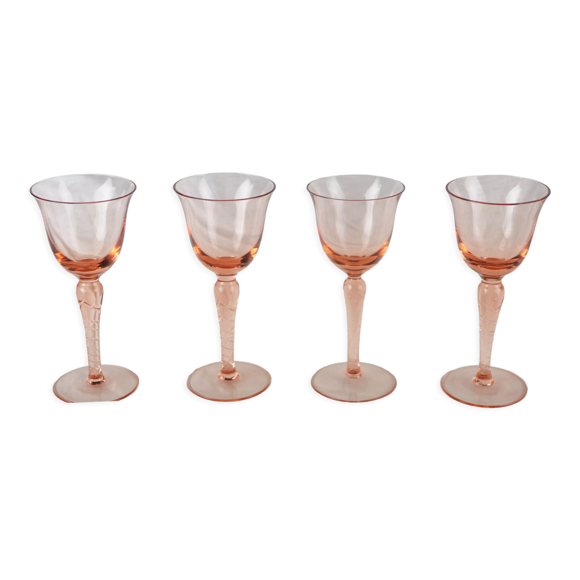 Set of 4 pink rosé glasses with twisted foot - 70s / 80s
