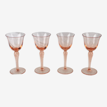 Set of 4 pink rosé glasses with twisted foot - 70s / 80s