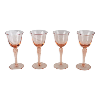 Set of 4 pink rosé glasses with twisted foot - 70s / 80s