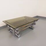 Vintage Space Age rectangular coffee table by Paul Mayen in smoked glass and chrome metal from the 70s