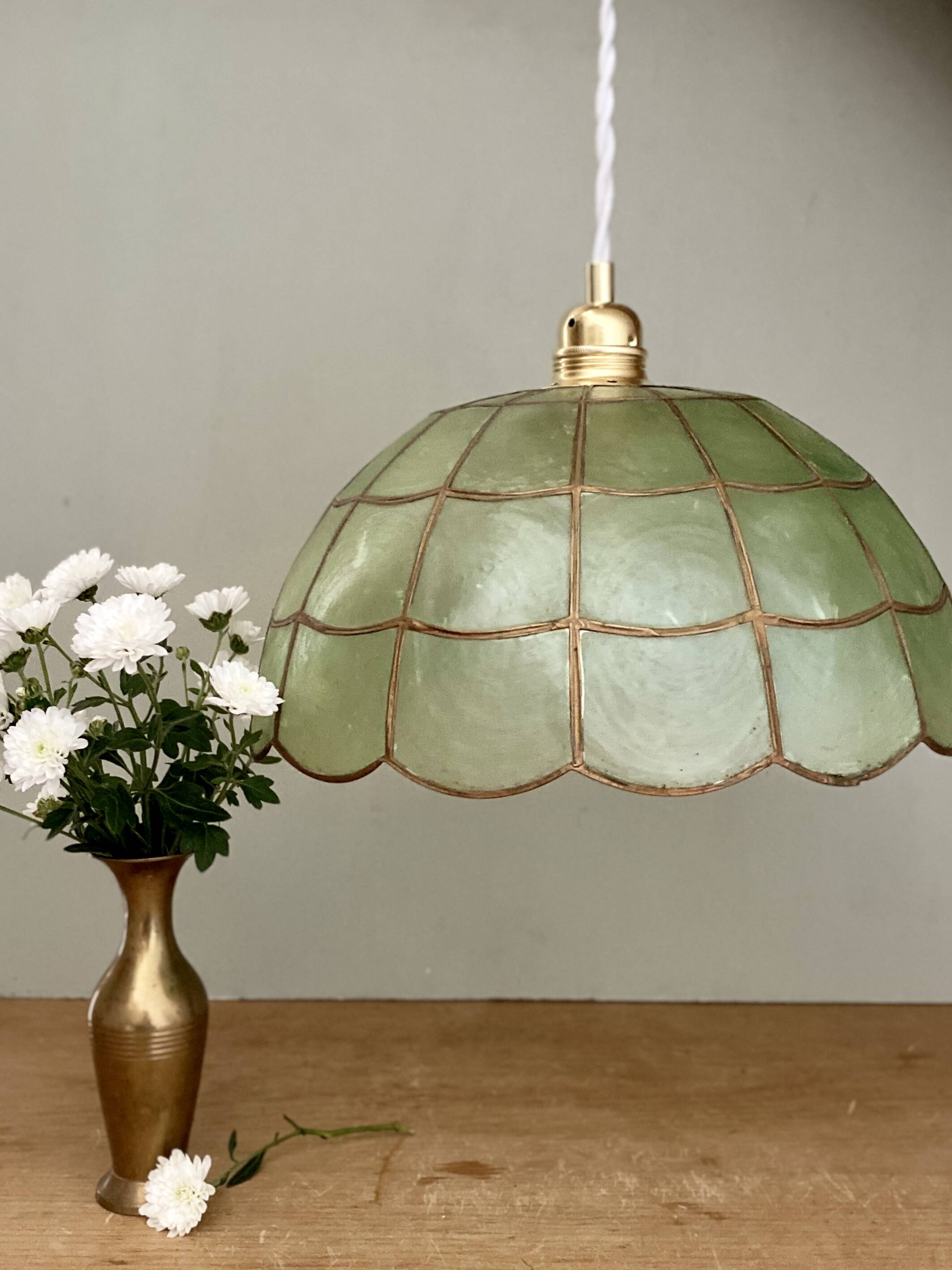 Suspension abat-jour vintage en nacre verte