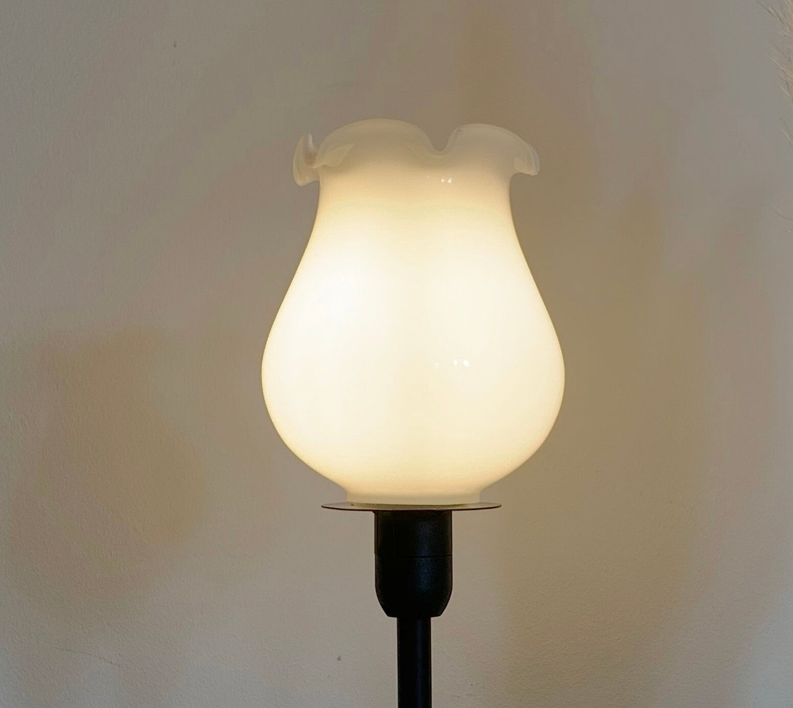 Table lamp with old white glass globe, restyled, lily of the valley shape
