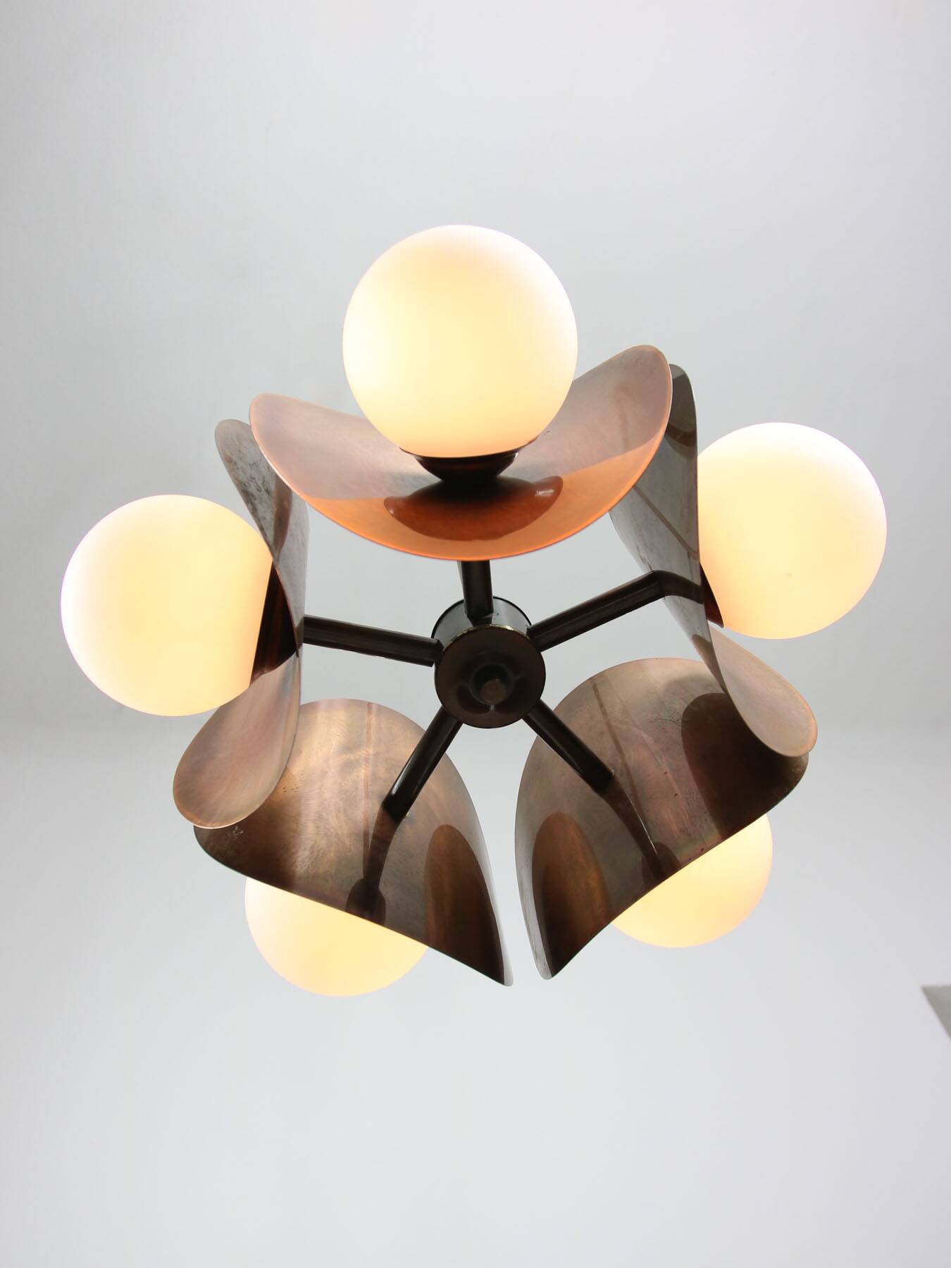 Vintage Italian Copper and Opaline Chandelier, 70s