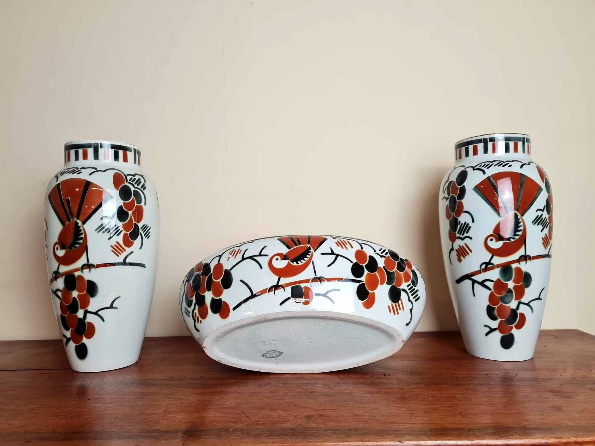 Keller e guérin luneville 1930: jardiniere and its 2 vases art deco period