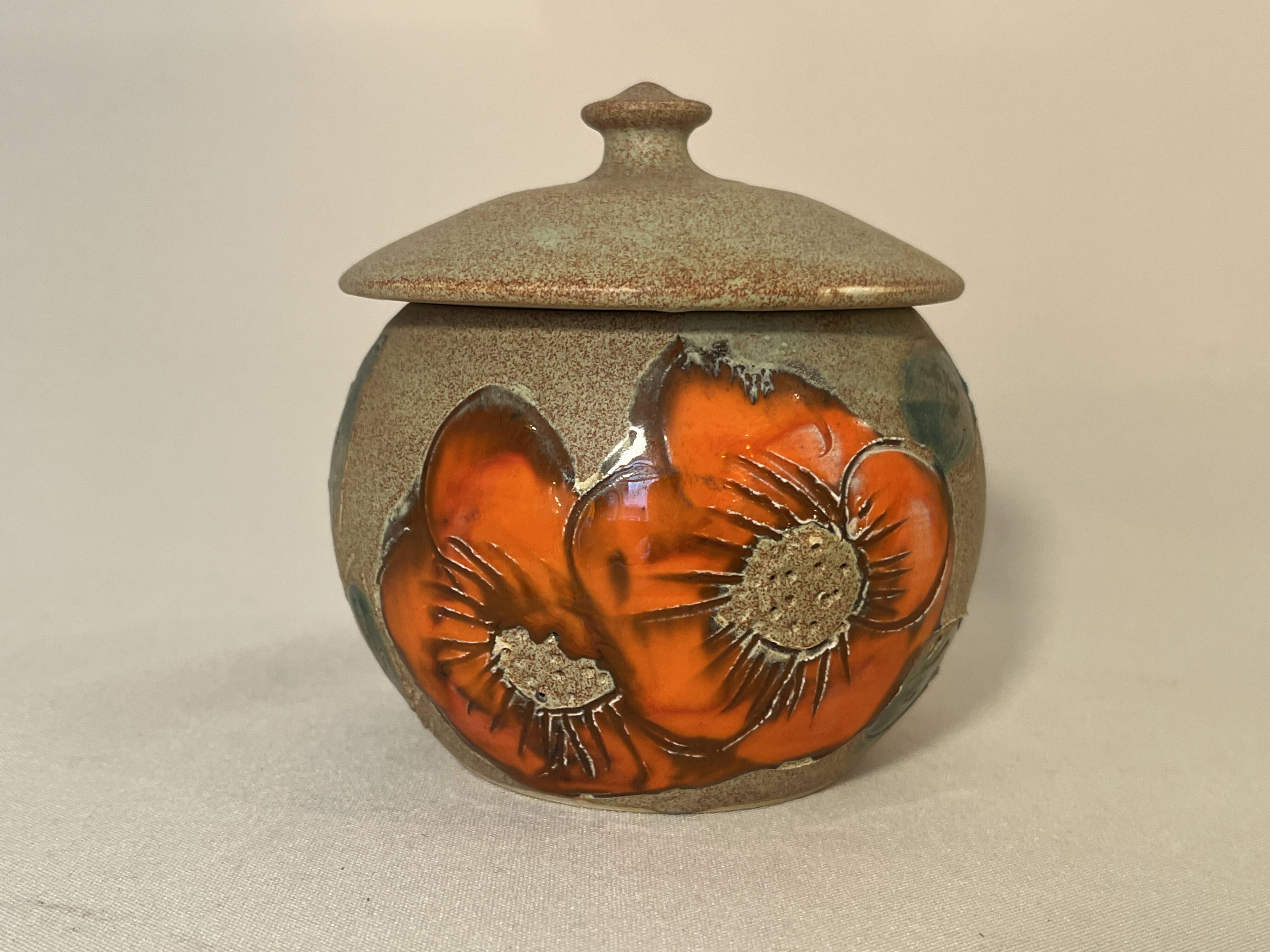Beige ceramic candy box with orange flowers, vintage 1970s sugar bowl