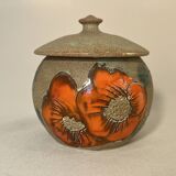 Beige ceramic candy box with orange flowers, vintage 1970s sugar bowl