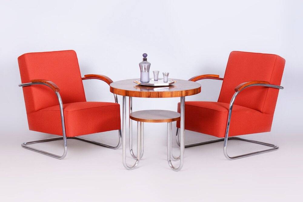 Bauhaus Armchairs in Beech & Chrome attributed to Mücke-Melder, Czech, 1930s, Set of 2