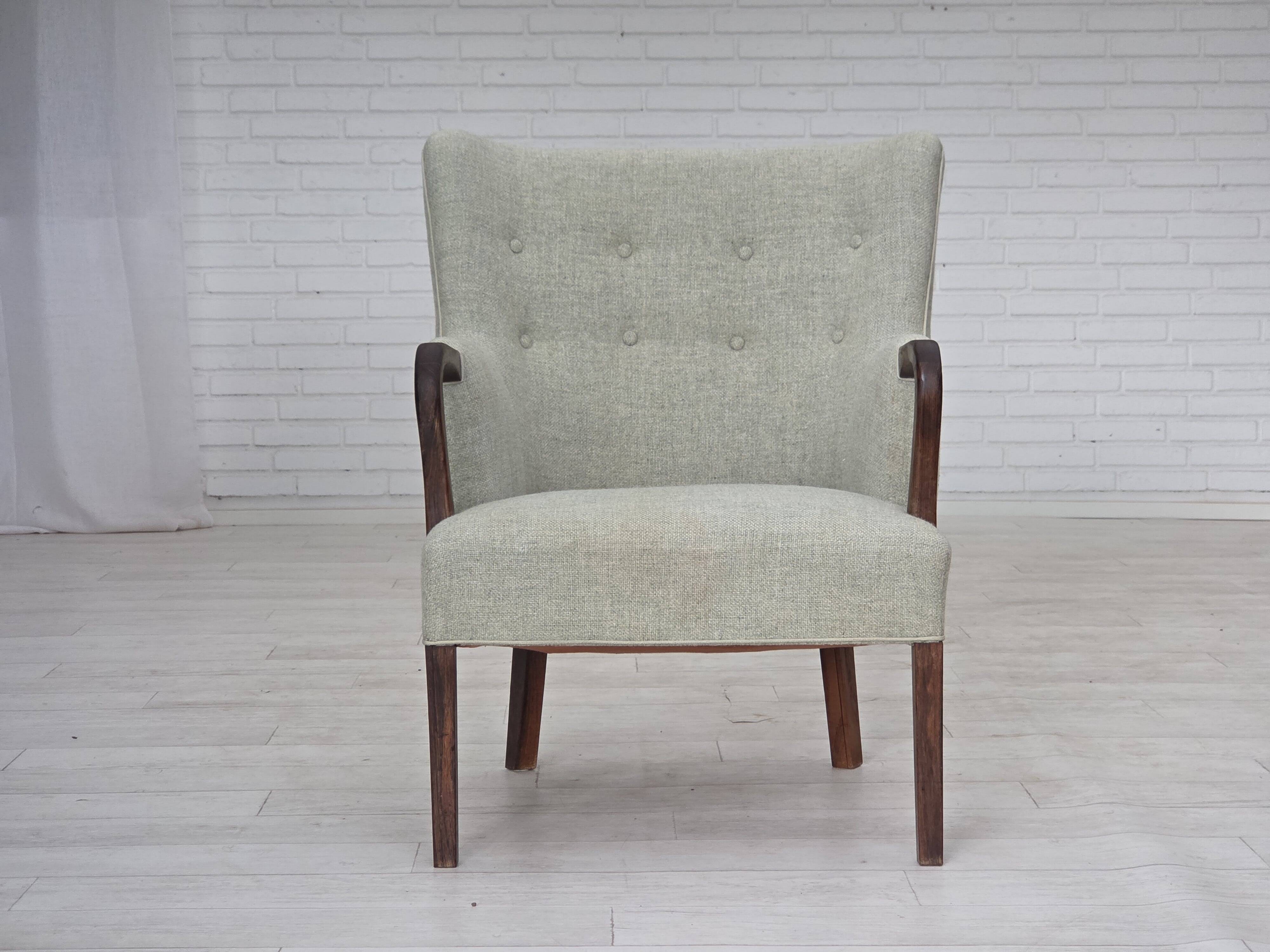 1960s, Danish armchair, original light grey furniture wool, teak wood.