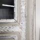 Two-body glass buffet in patinated grey and white oak.