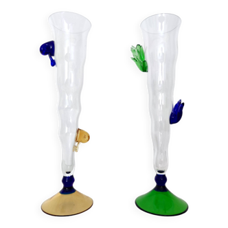 Pair of Transparent Murano Glass Flutes with Colored Details, Italy, 1980s