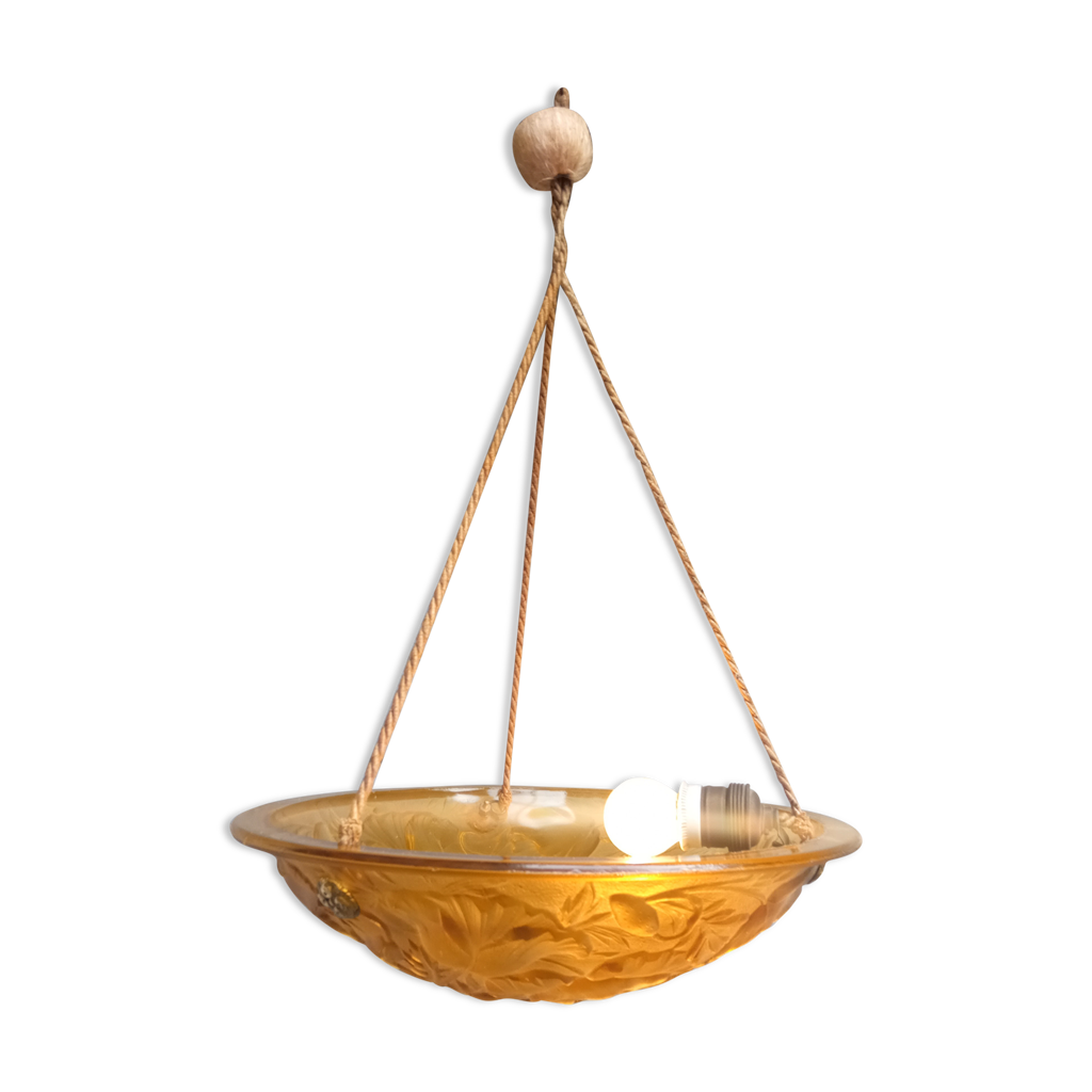 Lustre Lanterne Vintage Verre Moulé Pressé Avec Chaîne Laiton - Fonctionnel