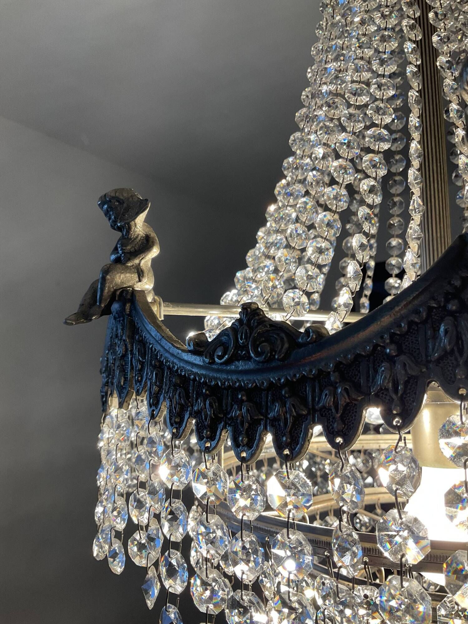 Old hot air balloon chandelier with crystal and bronze tassels