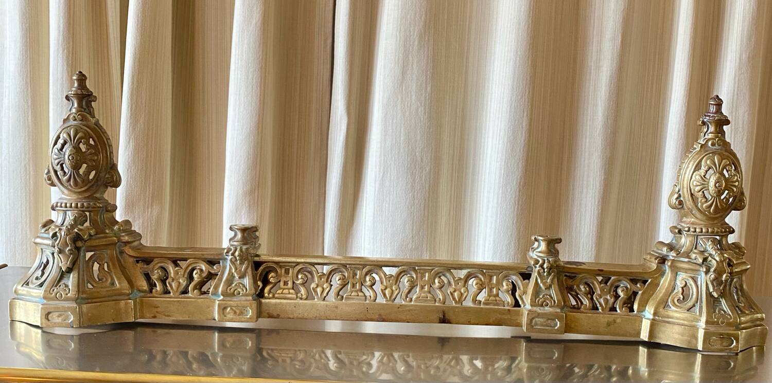 3 gilded bronze fireplace accessories 2 andirons and 1 fire bar