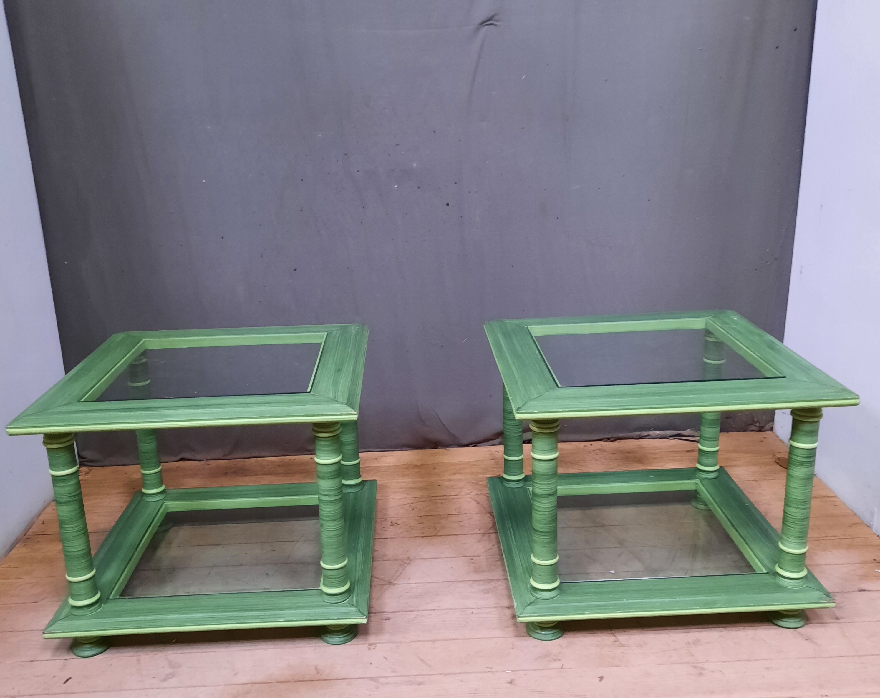 Pair of square sofa ends made of green ceruse wood