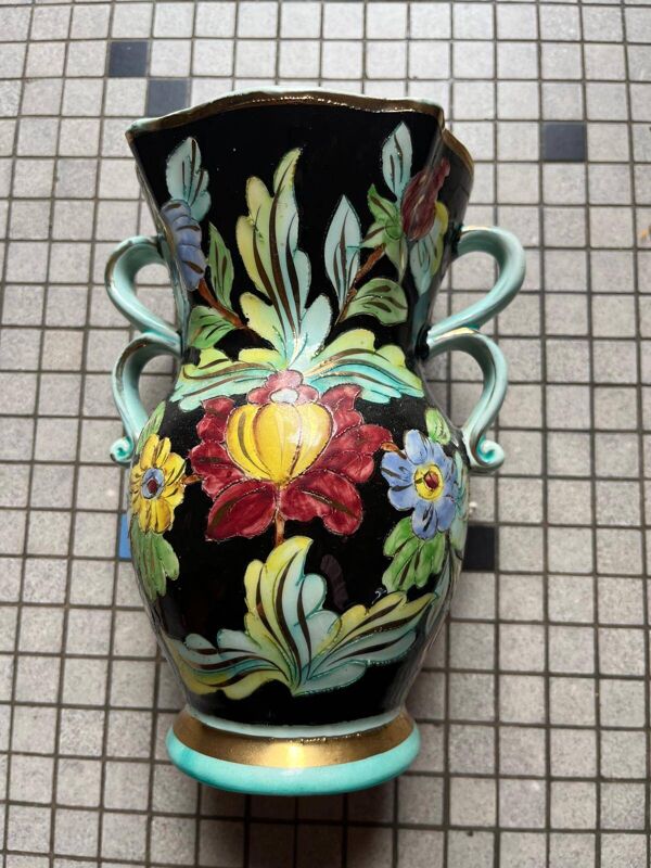 Grand vase Art Monaco vintage années 50-60 – décor floral peint main