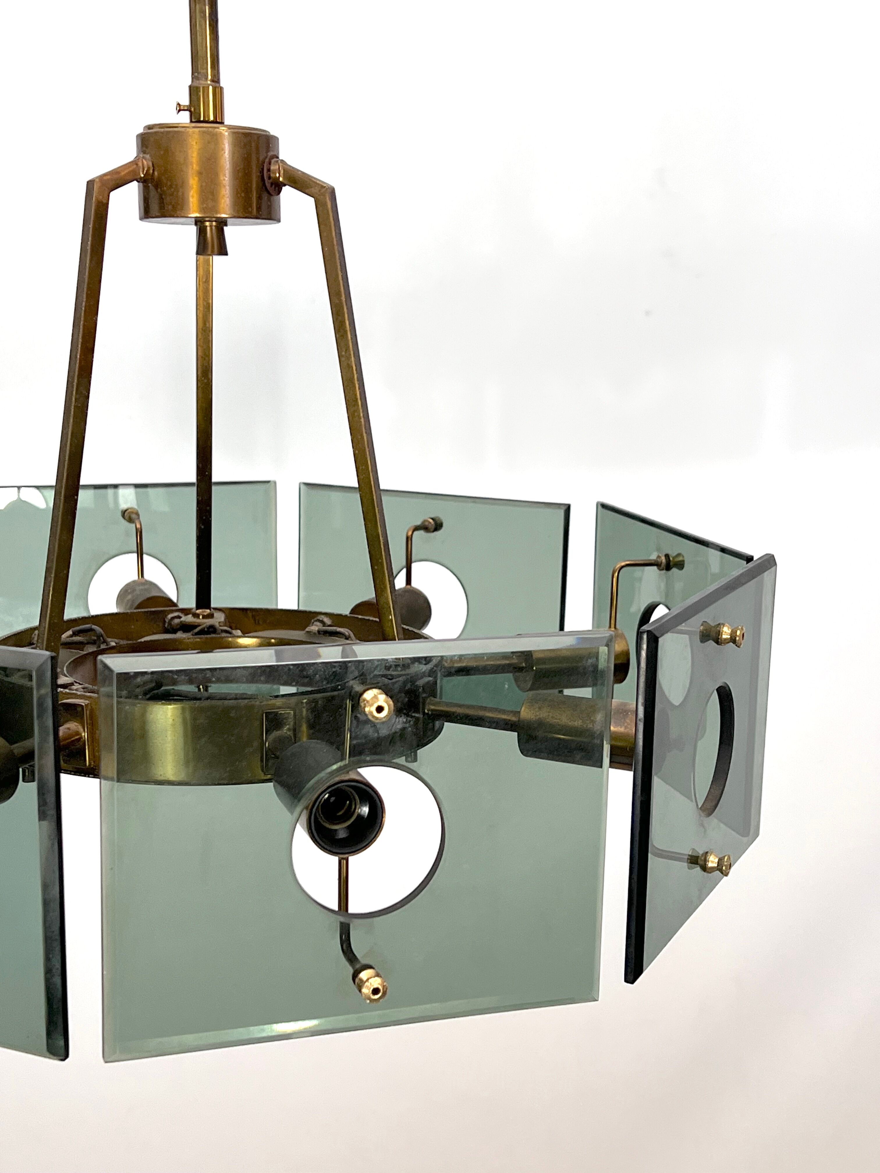 Gino Paroldo, modernist brass and smoked glass chandelier, Italy 1960s