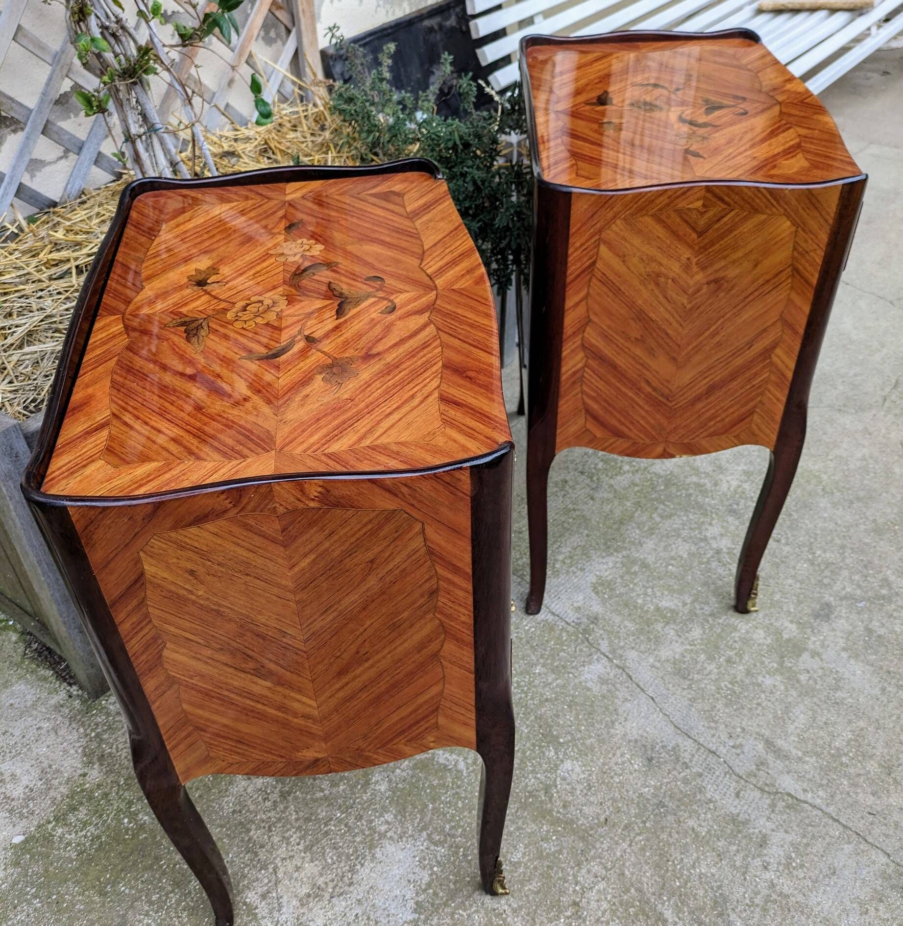 Old pair of large bedside tables in rosewood marquetry Louis XV Style
