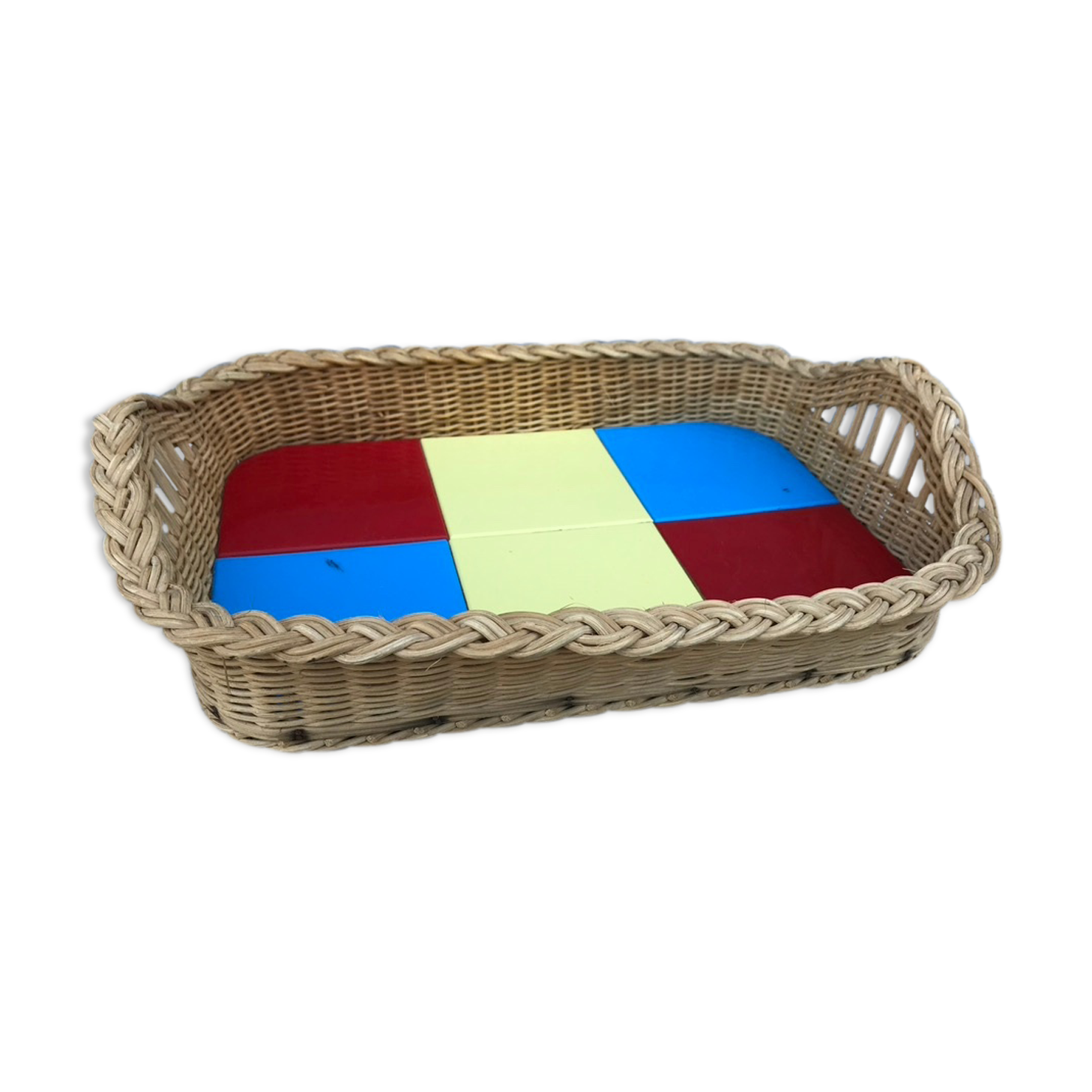 Rattan basket and coloured tiles, vintage 1960/70