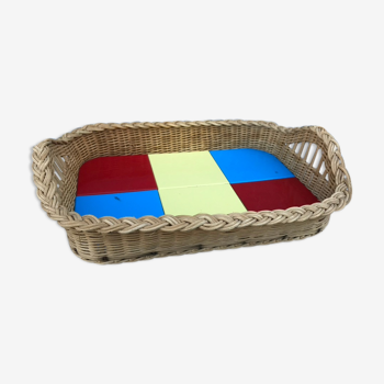 Rattan basket and coloured tiles, vintage 1960/70