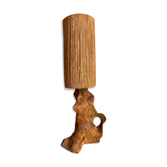 Brutalist style lamp, raw wood and rope