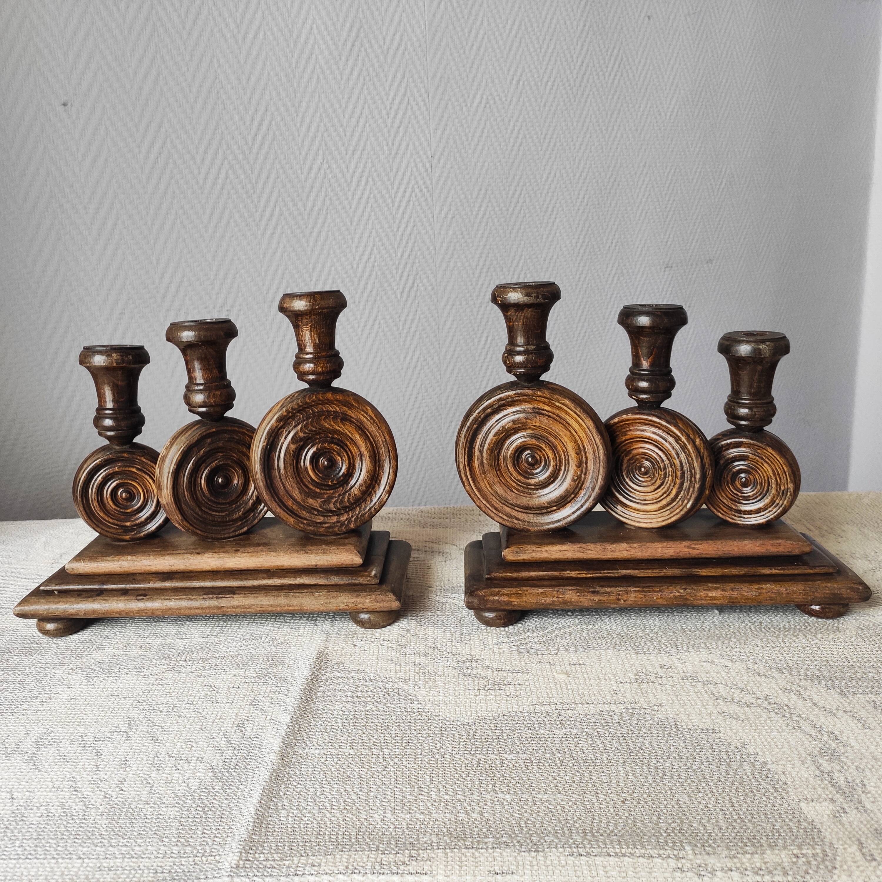 Brutalist turned wood candlestick holders – vintage 50s-60s