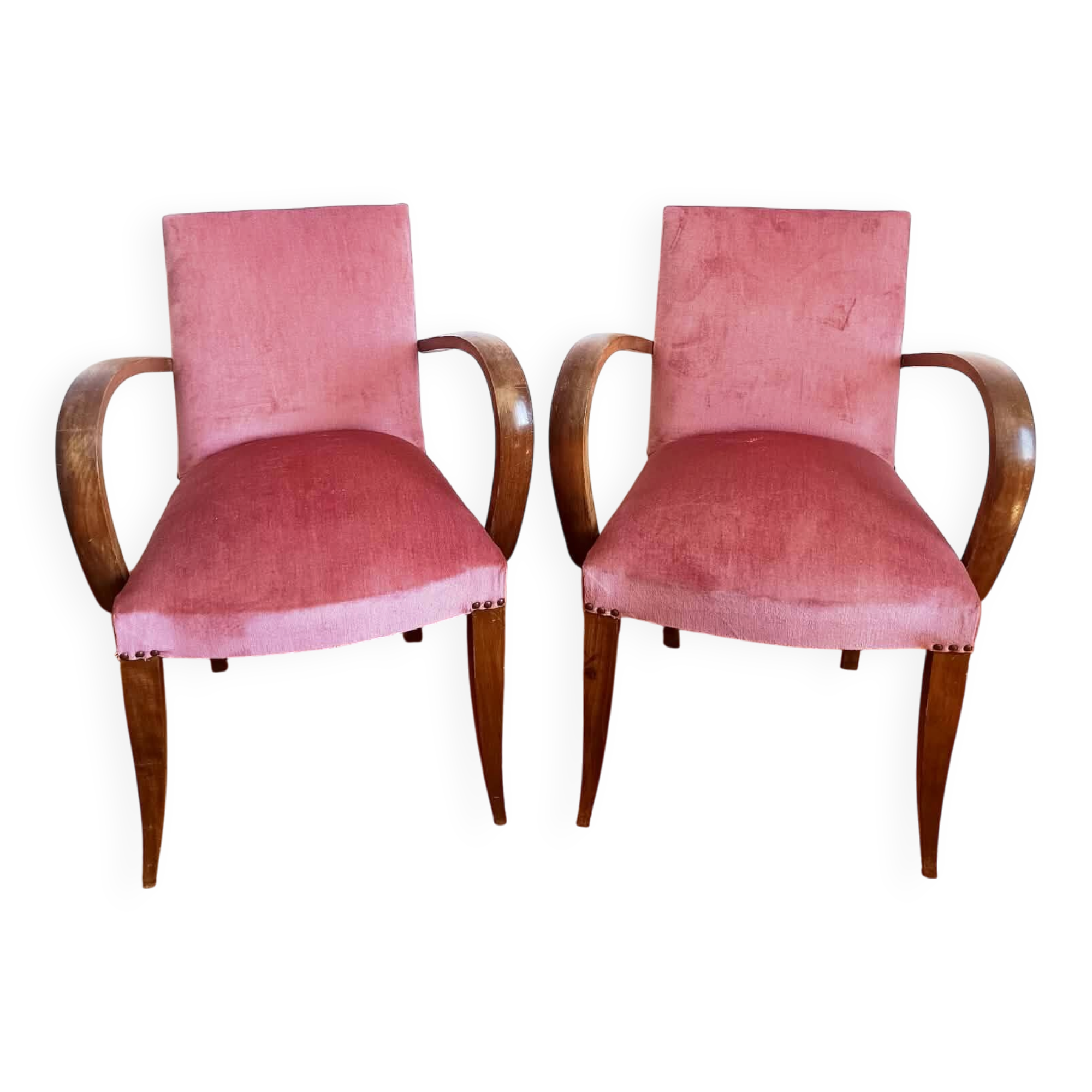 Paire de fauteuils moustache velours rose art déco