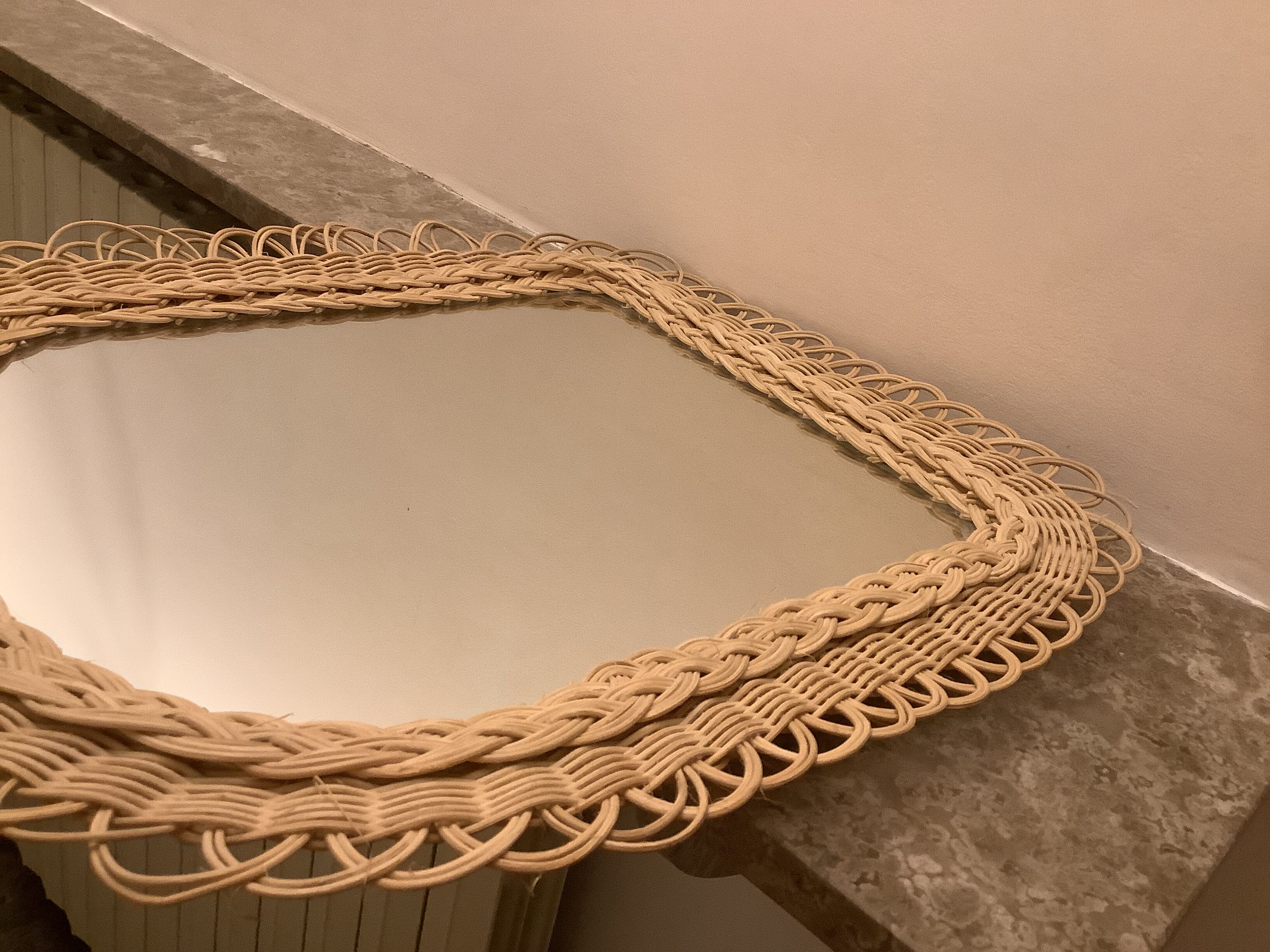 Old rattan wicker braided mirror, 48x40 cm