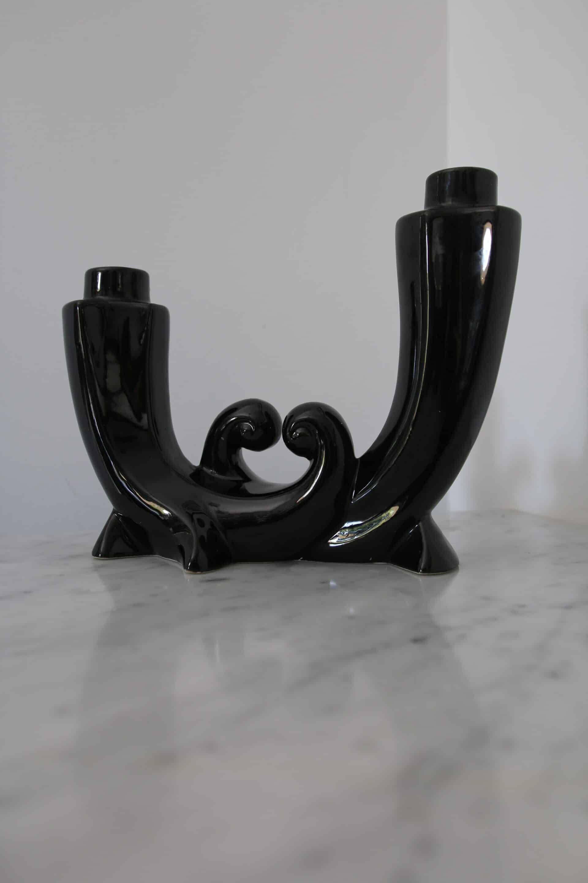 Pair of Art Deco candle holders in black ceramic