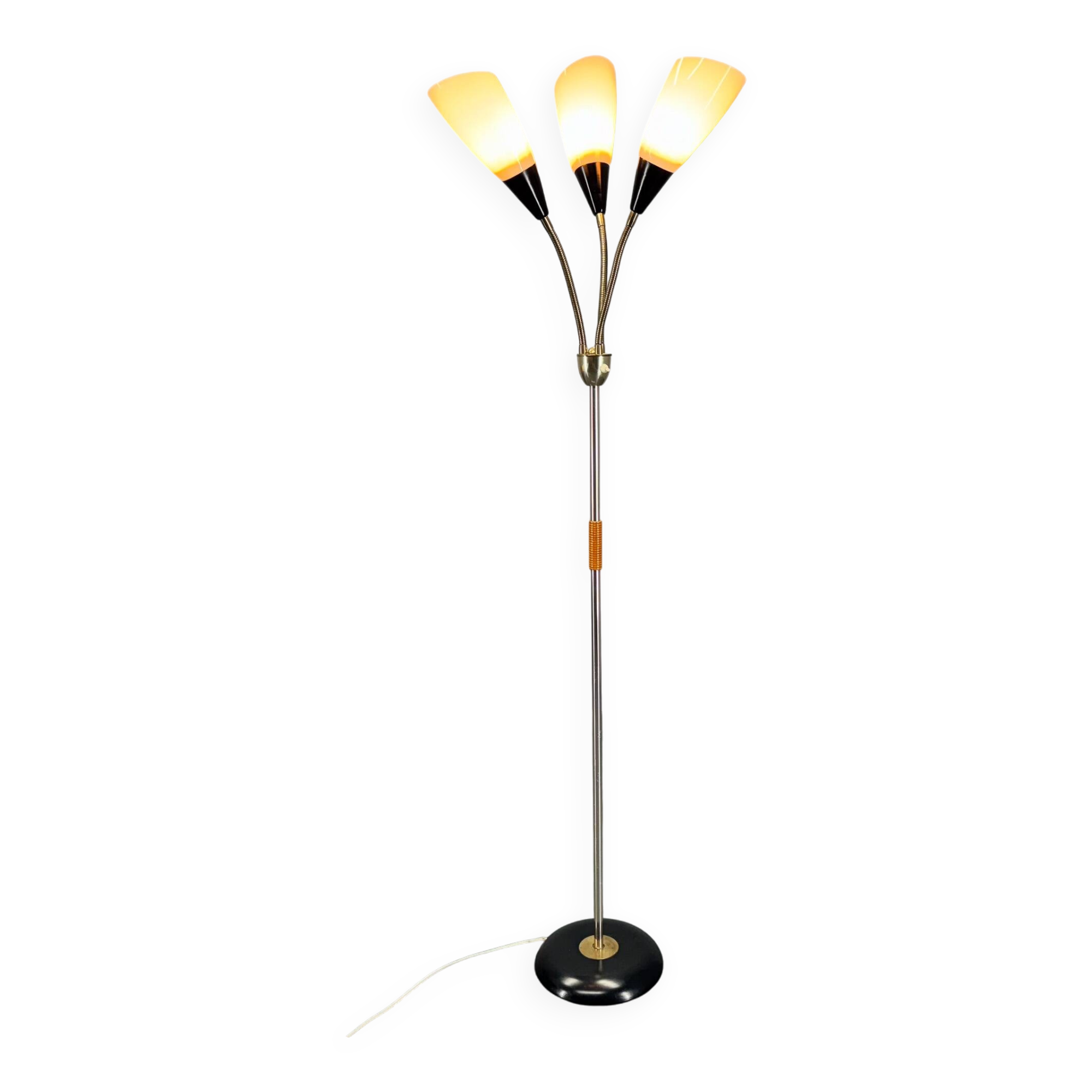 1950s Brass & Glass Adjustable Floor Lamp with Wooden Detail