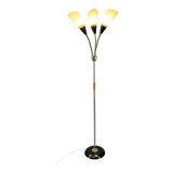 1950s Brass & Glass Adjustable Floor Lamp with Wooden Detail
