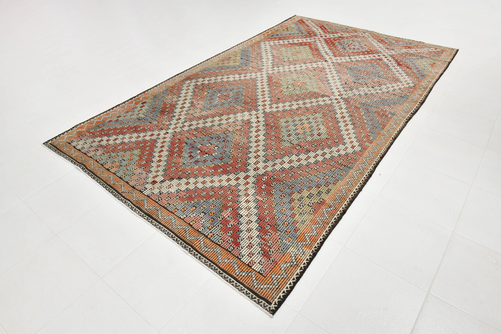 Burgundy & Green Turkish Vintage Kilim Rug