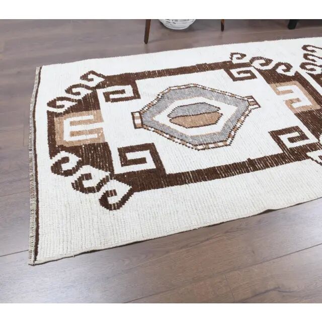 Vintage Turkish Oushak Handmade Wool Cotton White Runner 90x350
