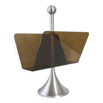 Vintage 1970s magazine rack in plexiglass and brushed steel