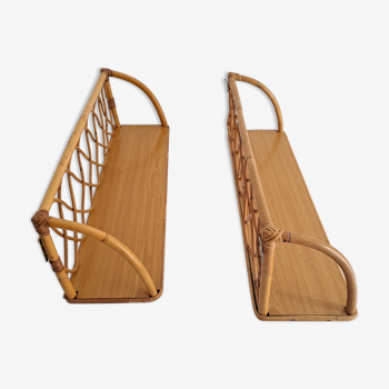 Pair of wall shelves made of bamboo and rattan