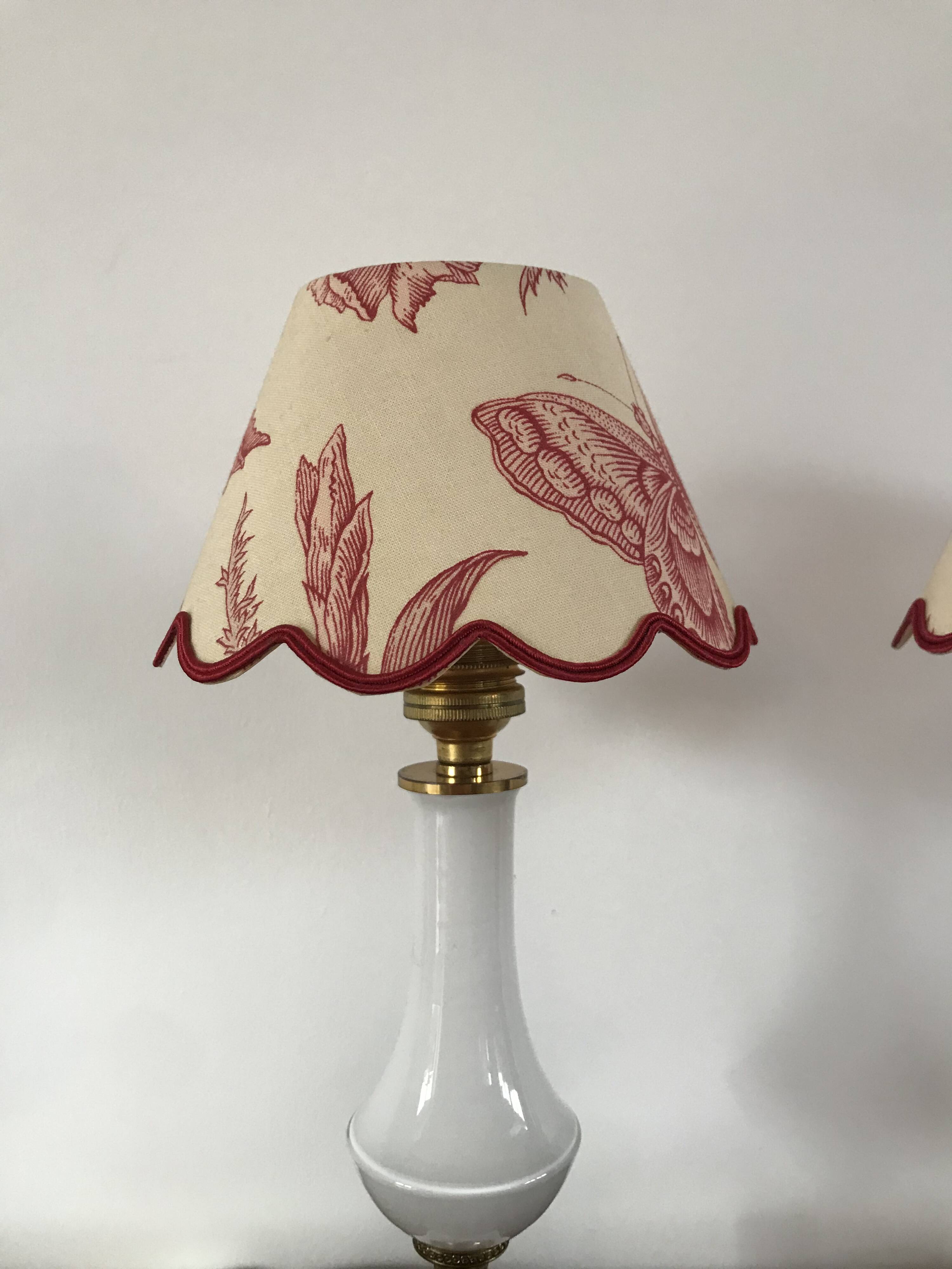 Pair of bedside lamps in opaline and brass toile de jouy lampshades 1950