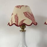 Pair of bedside lamps in opaline and brass toile de jouy lampshades 1950