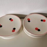 set of 5 Eastern European dessert plates from the 60s, white, red and black