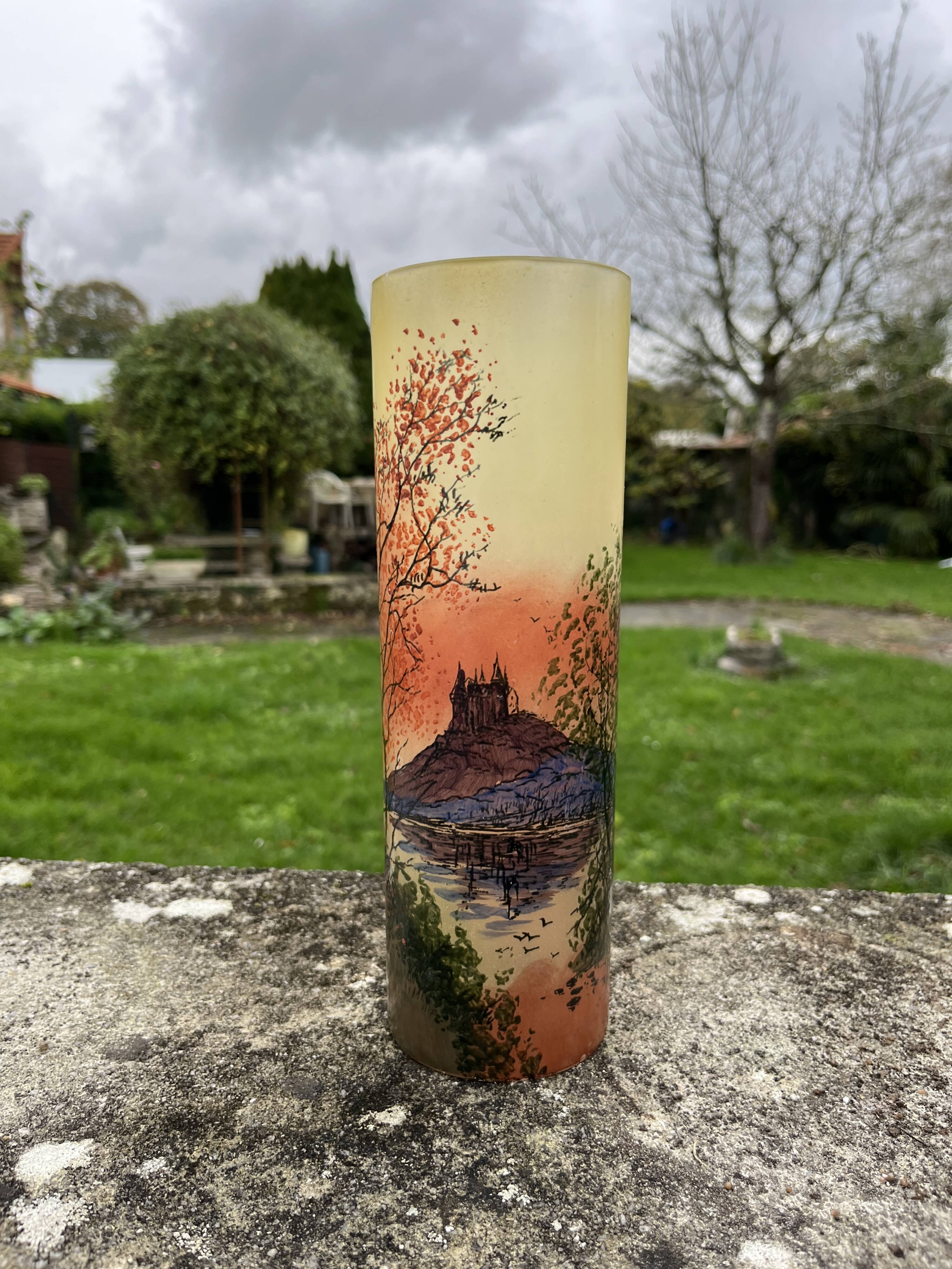 Legras vase in enameled glass with castle decoration