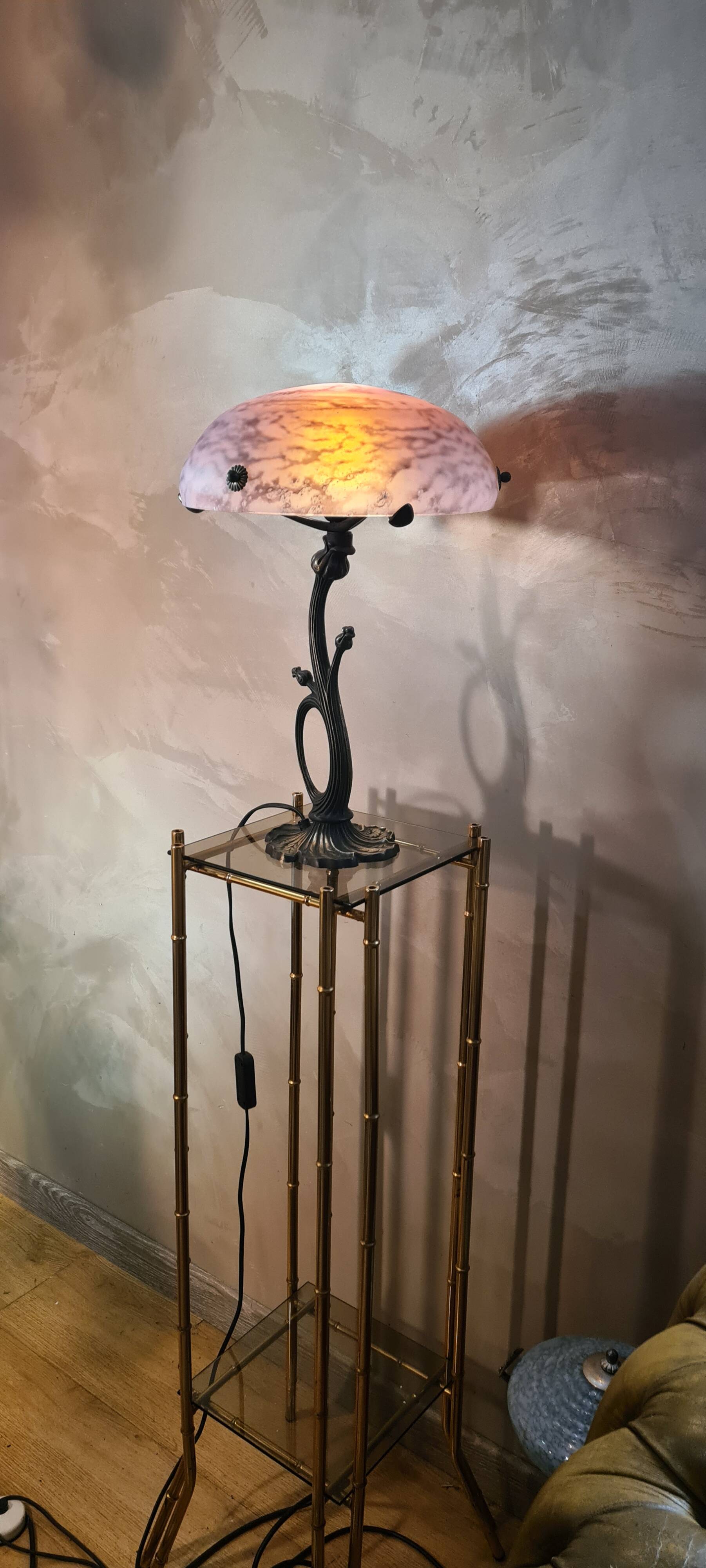 Art nouveau style bronze lamp and its marbled glass paste basin 48x30