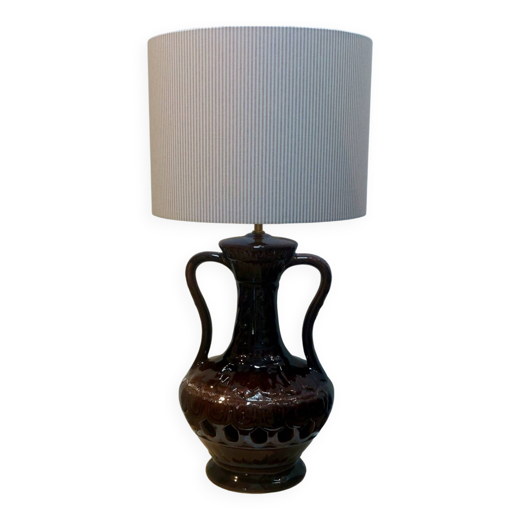 Vintage ceramic lamp, striped cotton shade