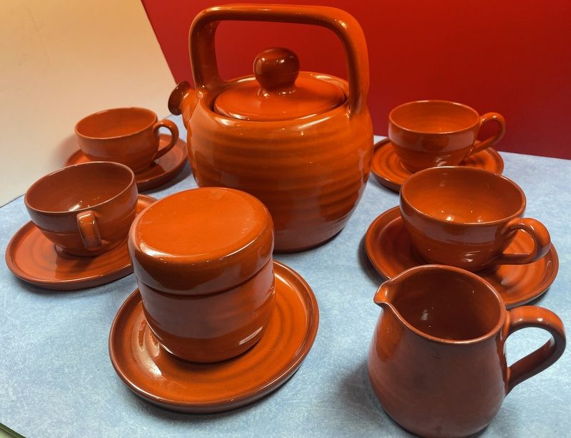 Details on Orange Tea (or Coffee) Service, Vintage 1970" Vallauris? signed B. Aoustin design