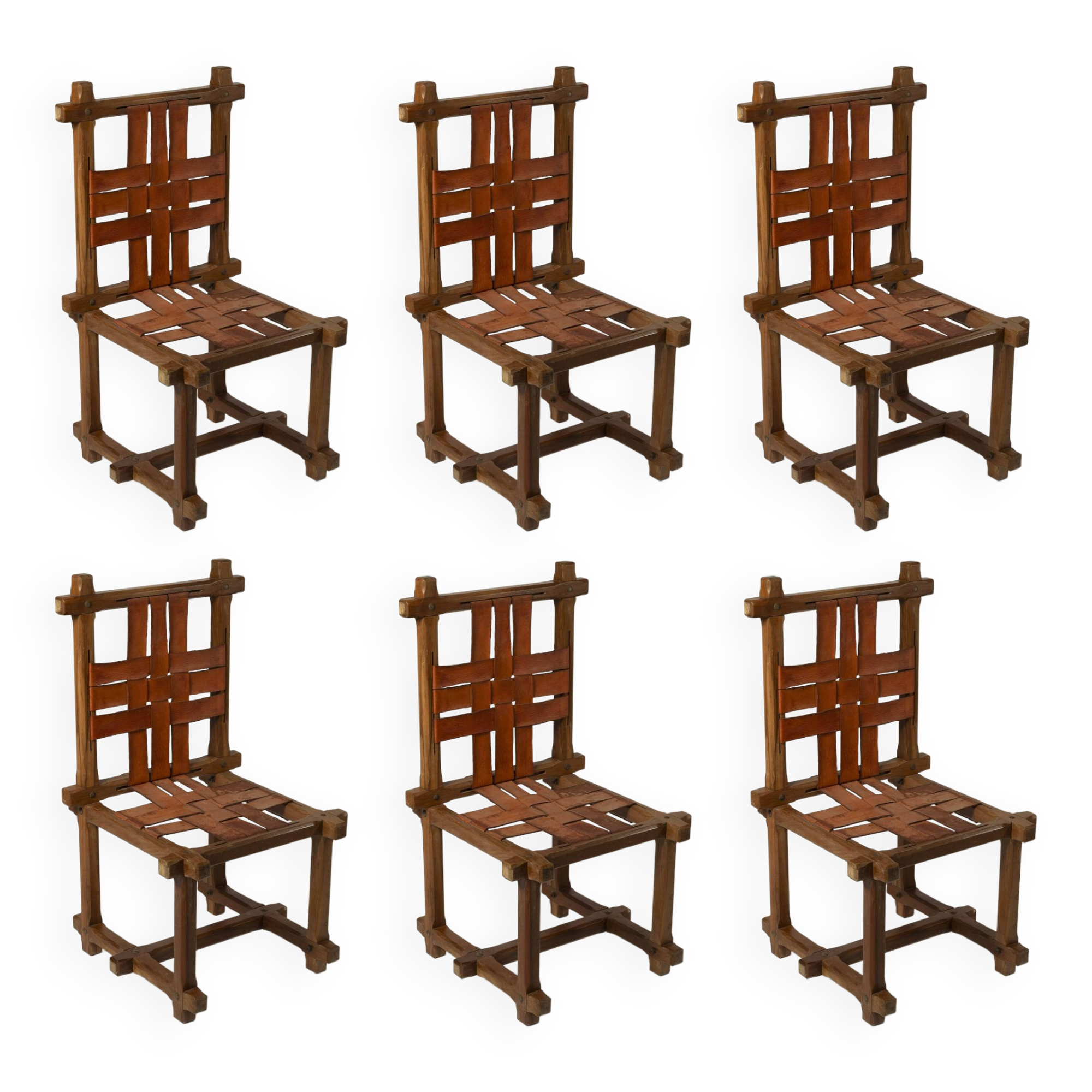 Ensemble de 6 chaises brutalistes uniques en teck et cuir