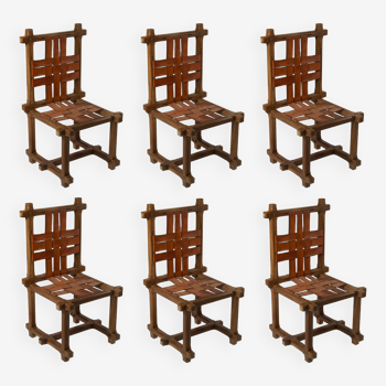 Set of 6 unique brutalist chairs in teak and leather
